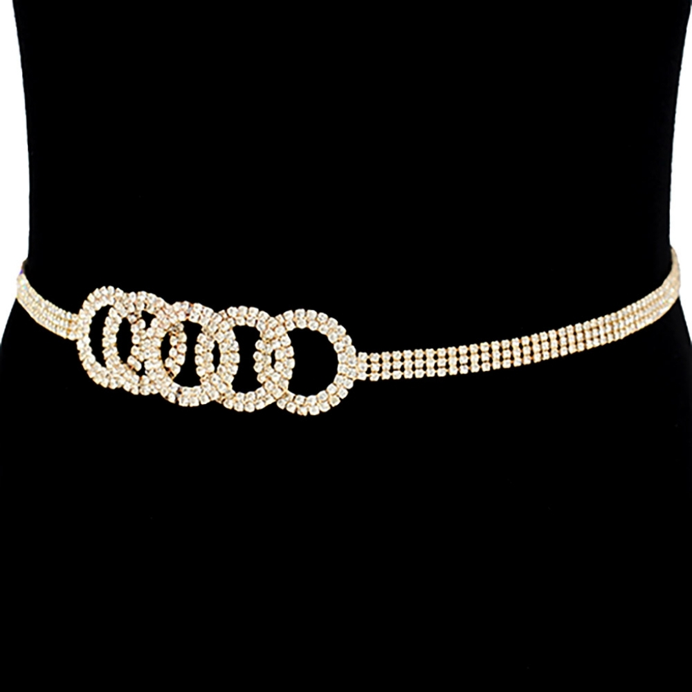 Gold Round Pendant Rhinestone Crystal Buckle Belt Statement Accessories